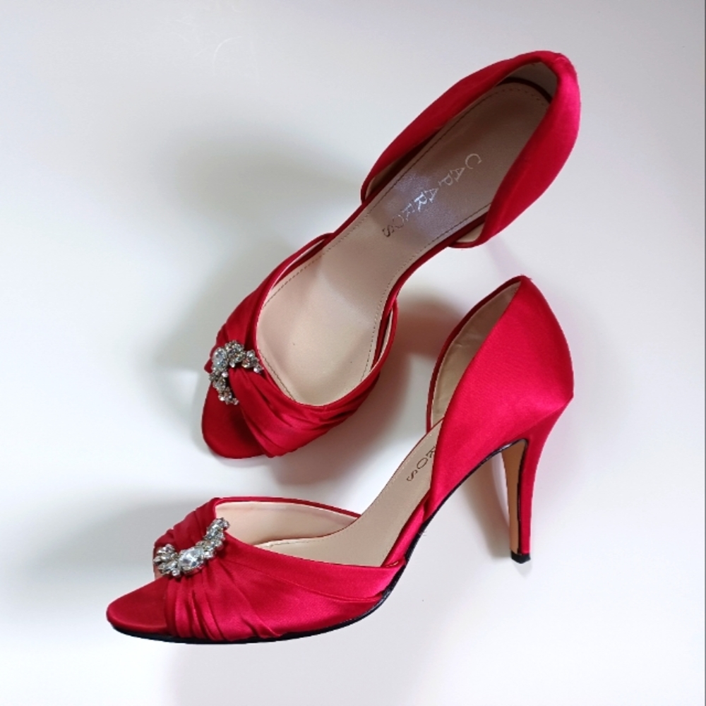 Red Satin Open-Toe Heels
